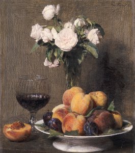 Still life with roses, fruit and a glass of wine