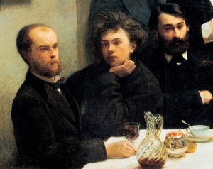 Table corner: from left to right: Paul Verlaine, Arthur Rimbaud, Elzear Bonnier. (Painting, 19th century) by Ignace Henri Jean Fantin Latour