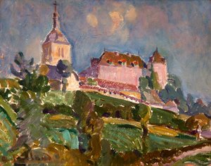View of the Castle and the Church of Gruyères