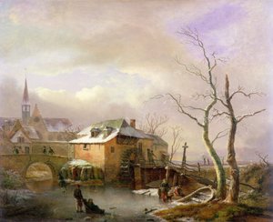 A Winter Landscape with Peasants on a Frozen Millpond by a Village