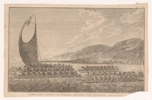 Inhabitants of Hawaii and Their King Sailing in Canoes to Bring Gifts to James Cook