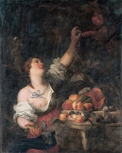 A woman picking grapes and a putto by a Classical pedestal adorned with fruit by Il Borgognone