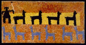 Feather panel with llamas and llama herder, 1450-1534 AD (woven cotton & feathers)
