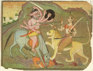 Durga in combat with Mahishasura, from the folio of 
