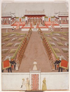 A Nawab Holding Court Within a Pavilion, Beyond an Avenue of Retainers and Two Elephants by Indian School