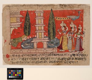 A man climbing on the side of a palace spies gopis across a pond with a pagoda by Indian School