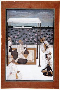 A nobleman listens to music under a canopy on a terrace by a lake
