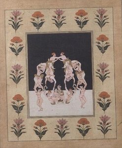 A Pair of Lovers Seated on a Swing Composed of Other Entwined Lovers by Indian School