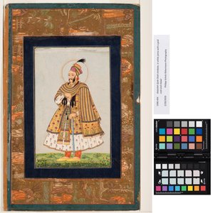 Abdullah Qutb Shah nimbate, in white jama with a gold coat and shawl