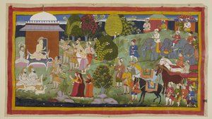 Bharadvaja, seated outside his hut with other ascetics and deer, enquires of the princes whether they have enjoyed his hospitality. He tells them and their companions that Rama is living in Citrakuta. At his request, the princes introduce themselves.