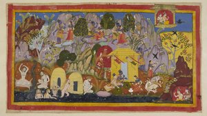 Meanwhile, all is peaceful with the exiles in their abode on the Citrakuta mountain. Rama points out its beauties Sita - the many varieties of lovely trees and birds, the rocks coloured by gems and minerals, and the Mandakina river w