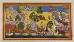 The tumult of the approaching army having alarmed Rama, he tells Laksmana to climb up a tree to find out what is causing the din
