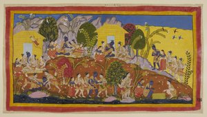 At the top in the centre, Bharata and Shatrughna throw themselves at the feet of Rama, who embraces his younger brothers and smells their heads