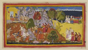 The Brahmins and the queens in their litters approach. Kausalya points out the place by the river where Rama offered the ritual water and laments the pitiable quality of the pindas, as offered to her dead husband. The three exiles travel together.