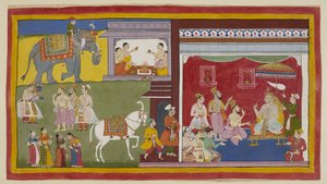 Dasaratha, enthroned in durbar, tells the Brahmins Vasistha and Vamadeva and his minister Sumantra of his intention to resign his throne to Rama as regent; on the left, these three summon Rama and Laksmana. Above, four Brahmins begin