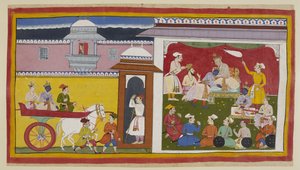 Sumantra brings Rama and Laksmana in a chariot to Dasaratha