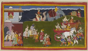 The four brothers embrace outside the palace, with women looking down from a shuttered jharokha window supported by curving serpentine brackets