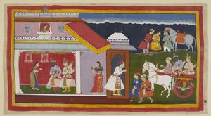 Having finally persuaded his mother and brother to calmly accept his fate, Rama and Laksmana return to his own palace in the chariot, Rama