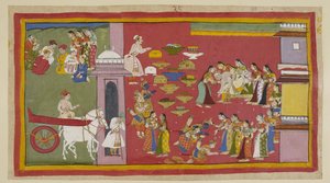 On the right, seeing his sons and Sita clad in robes of bark, Dasaratha loses consciousness and falls from the throne by Indian School