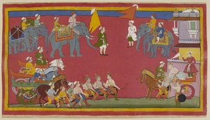 The two princes and their uncle have dismounted from their chariots and advance from the left to greet the king. He comes out of the palace on the right in his chariot and bends down to greet them lovingly. Elephants are in the backgrou