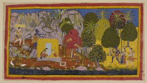 The three exiles approach Citrakuta from the right along the banks of the Yamuna river. Rama marvels at the flowering trees and plants which cover the mountain