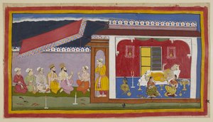 Dasaratha lies on his bed in his chamber, the two queens seated beside him, all three in the attitude of conversing, while they try to console one another. Outside the room, Brahmins and ministers are in conversation with Sumantra.