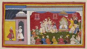 Dasaratha is seated on his throne in full durbar, with Rama and Laksmana kneeling beside him, while the messenger sent by Bharata from his grandfather