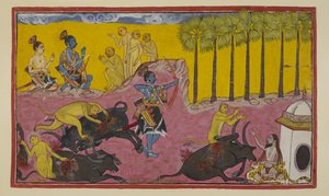 Sugriva and his monkeys, seen at the top on the left, continue to tell Rama and Laksmana the story of Bali and Dundubhi by Indian School