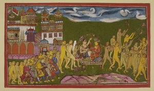 Sugriva and Laksmana are conveyed in a golden litter, borne by monkeys, from Kiskindha by Indian School