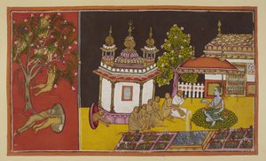 Still desperately searching for Sita in the mountainous wilderness, the monkeys find the entrance to an enticing cave. On the left, in a separate panel, the monkeys cavort in a flowering tree outside the small entrance to the cave