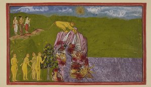 On the shores of the great ocean, the monkeys were dismayed as to how they could cross it to reach Lanka. Angada asked them all how far they could leap, but none was confident of leaping this far, until Jambavan urged Hanuman by Indian School