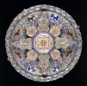 An Indian silver and inset jade sweetmeat dish, depicting lions and elephants amidst dense foliage, early 19th century