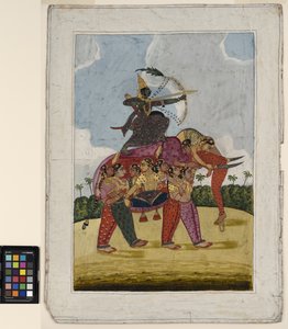 An elephant, composite, made up of dancing women serves as a mount to an archer, c.1825 by Indian School