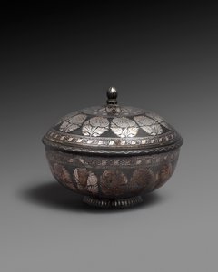 Bowl and cover of metal alloy inlaid with silver, each with a band of naturalistic flowers
