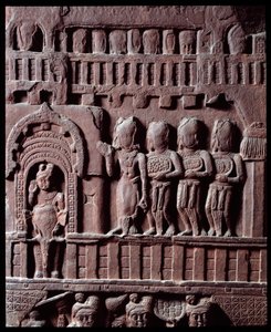 Buddhism: (detail) Victory over Mara. Detail of the stupa of Bharhut. Black stone relief, 2nd century BC - Kolkata, Indian museum
