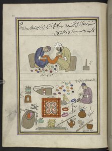Coarse embroiderers; needle-worker, for joining shawl-pieces, winding thread into a ball, 86 drawings bound into a volume depicting trades and occupations in Kashmir, Craftsmen are shown at work with their implements and equipment, By a Kashmir artist by Indian School