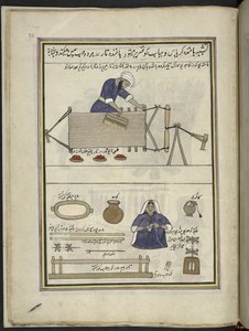 Cotton-weaver combing a warp; woman reeling cotton, 86 drawings bound into a volume depicting trades and occupations in Kashmir, Craftsmen are shown at work with their implements and equipment, By a Kashmir artist, probably at Srinagar, c.1850-60