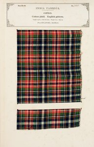 Cotton plaid sample from Mylapore in Madras, from The Collection of the Textile Manufacturers of India, by John Forbes Watson, published in 1866 by Indian School