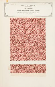 Cotton sample with a chetee (chintz) print from Arcot in Madras, from The Collection of the Textile Manufacturers of India, by John Forbes Watson, published in 1866 by Indian School