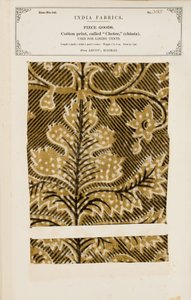 Cotton sample with chetee (chintz) print from Arcot in Madras, from The Collection of the Textile Manufacturers of India, by John Forbes Watson, published in 1866 by Indian School