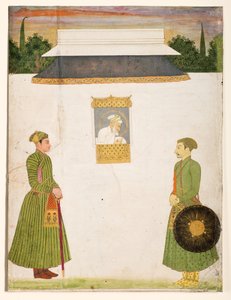 Emperor Aurangzeb at a jharokha window, two noblemen in the foreground, c.1710