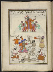 Entertainers, 86 drawings bound into a volume depicting trades and occupations in Kashmir, Craftsmen are shown at work with their implements and equipment by Indian School