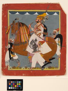 Equestrian Raja Bhim Singh with hookah and servants