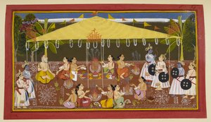 Figures Under a Yellow Canopy