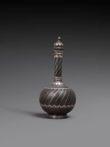 Flask and cover and stand, or dish of metal alloy inlaid with silver, 1700-99