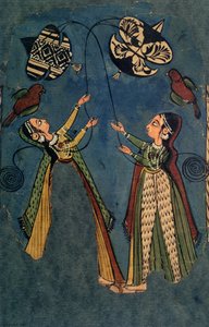 Girls Flying Kites, Kulu Folk Painting, Himachal Pradesh by Indian School