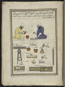Gold-beaters making gold leaf, 86 drawings bound into a volume depicting trades and occupations in Kashmir, Craftsmen are shown at work with their implements and equipment, By a Kashmir artist, probably at Srinagar