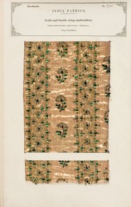 Gold and beetle wing embroidery sample from Madras, from 