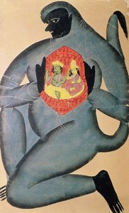 Hanuman revealing Rama and Sita enshrined in his heart, painted by a member of the Patua caste, 1880 by Indian School