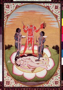 Icon of Chinnamasta, the Mahavidya arising from the joined bodies of the Originating Couple, Kangra, c.1800